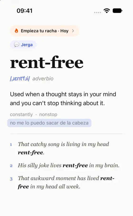 Una palabra en WordCue: rent-free, con su significado, traducción y tres ejemplos